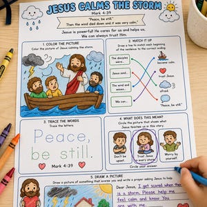 May include: A printed activity worksheet titled Jesus Calms The Storm, featuring educational tasks like coloring, matching, tracing, and drawing. The page includes illustrations of a boat in a storm, text from Mark 4:39, and a prayer section.