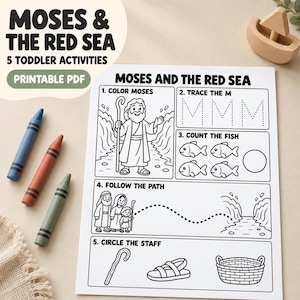 May include: A printable activity sheet titled Moses and the Red Sea featuring five educational tasks for children, including colouring, tracing the letter M, counting fish, following a path, and circling a staff, accompanied by three crayons.