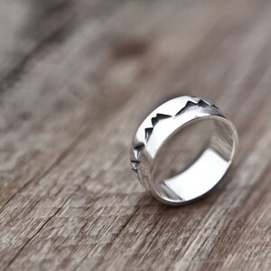 Puede incluir: Un anillo de plata con una banda texturizada que presenta un dise&ntilde;o de cordillera.