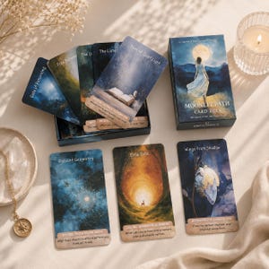 May include: A Moonlit Path card deck set featuring a box with a moonlit figure illustration, several cards with titles like Book of Quiet Light, Radiant Geometry, Echo Gate, and Wings from Shadow, and descriptive text printed on each card.