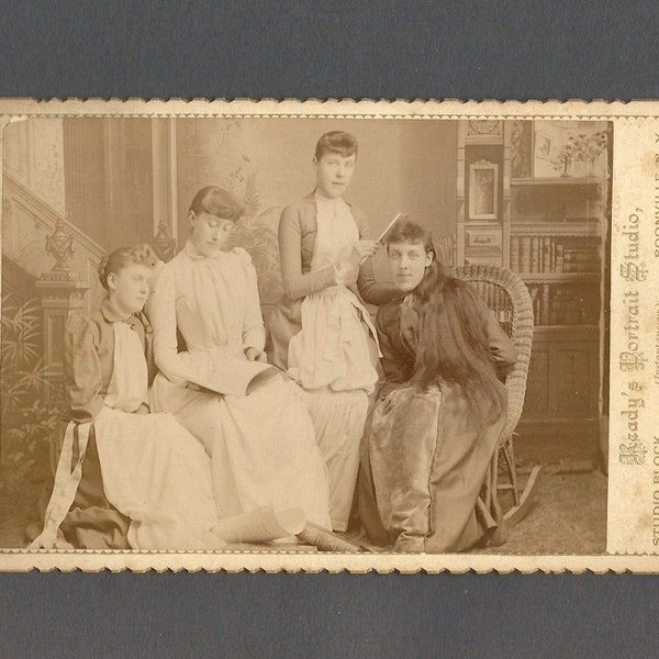 Cabinet Card of a Group of 4 Well Dressed Young Women ~ Hair Brushing