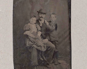 Sweetly Posed Tintype of a Man and His Two Children