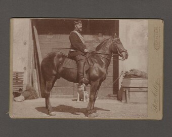 Cabinet Card of a Uniformed Man on Horseback ~ Dog