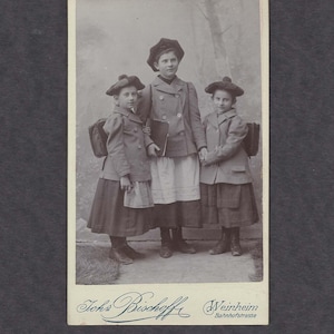 German CDV of 3 Girls on the Way to School ~ Backpacks