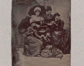 Tintype of Five Well-Dressed Ladies with Flowers