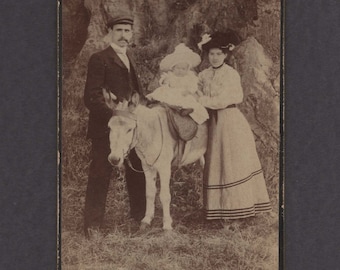 Scottish Cabinet Card of a Young Couple and Their Baby atop a Donkey