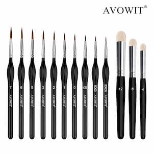 May include: A set of thirteen AVOWIT paint brushes with black handles and silver ferrules. Ten brushes feature fine brown tips numbered 7, 6, 5, 3, 2, 1, 0, 00, 000, and 00000. Three larger brushes have rounded white tips numbered 12, 8, and 4.