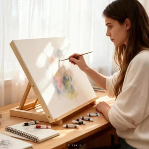 May include: A wooden tabletop easel holding a white canvas with a colourful abstract watercolour painting. Several small paint tubes are scattered on the wooden surface alongside a spiral-bound sketchbook. A thin paintbrush is held in use.