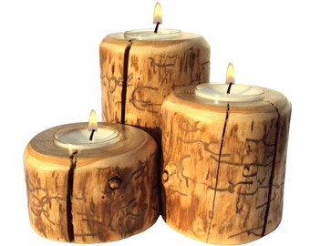 Red Pine Candle Set, Log Candle Holder, Rustic Candle Set, Red Pine Candle