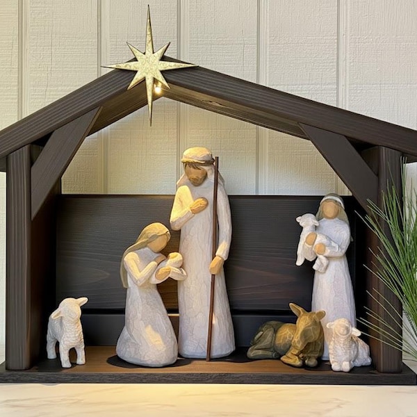 Lighted Wooden Nativity Stable Creche, Handmade Manger with LED Light, Compatible with Willow Tree Nativity Set, Rustic Christmas Decoration