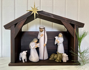 Nativity Stable Creche, Wooden Manger, Set, Nativity Scene Display, Compatible with Willow Tree Nativity Set, Nativity Stable Only With Star