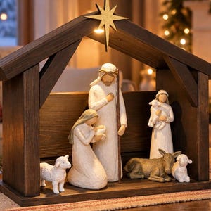 Lighted Wooden Nativity Stable Creche, Handmade Manger with LED Light, Compatible with Willow Tree Nativity Set, Rustic Christmas Decoration