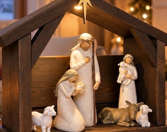 Beleuchtete hölzerne Krippe im Stallstil, handgefertigte Krippe mit LED-Beleuchtung, kompatibel mit dem Willow Tree Krippenset, rustikale Weihnachtsdekoration