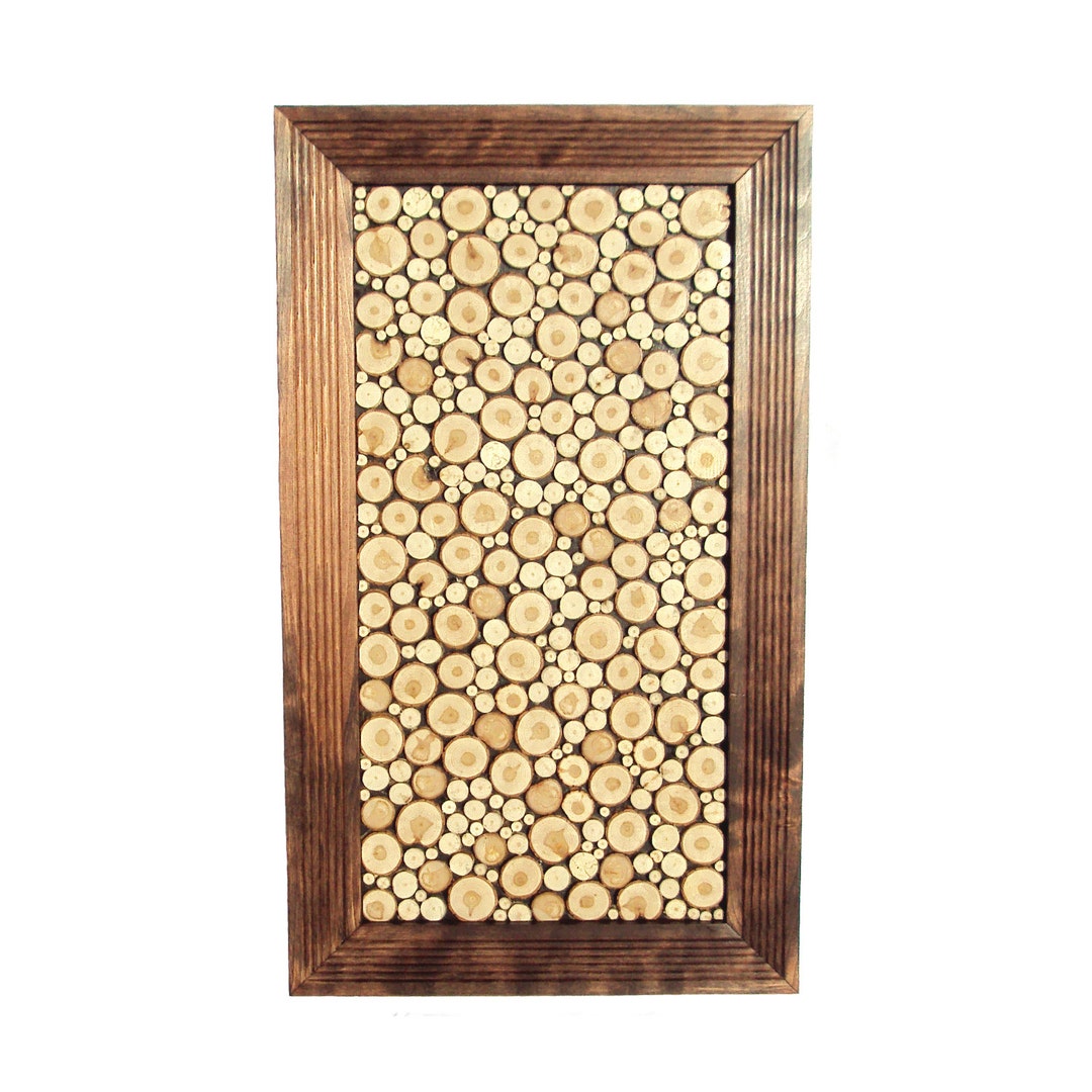 Image showcasing Handcrafted Wood Slice Mosaic Panel: Rustic Tree Wall Art - Etsy