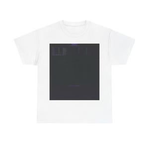 May include: A white short-sleeved t-shirt featuring a large, centered rectangular graphic. The graphic is a dark charcoal gray block containing small, purple-colored text arranged in columns, resembling a technical list or data table.