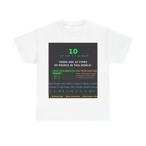 May include: A white t-shirt featuring a black rectangular graphic with green, white, and blue text. The design displays the phrase "THERE ARE 10 TYPES OF PEOPLE IN THIS WORLD" along with binary math equations, explanations, and the text "Boolean logic".