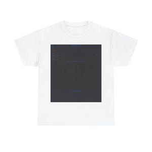 May include: A white short-sleeve t-shirt featuring a large, centered black square graphic on the chest. The graphic contains small, dark blue text elements arranged in a block layout, including a list of items and lines of text.