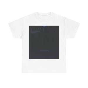 May include: A white short-sleeved t-shirt featuring a large, centered black rectangular graphic. The graphic contains small, blue text at the top and bottom, including the word PORTFOLIO and other illegible fine print details.