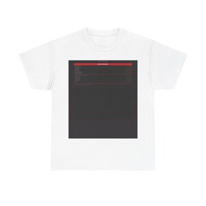 May include: A white short-sleeved t-shirt featuring a large, centered rectangular graphic on the chest. The graphic is a dark gray block with a red horizontal bar at the top containing the text "RED TEAM DATA" in white, followed by technical text.