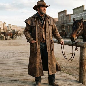 May include: A brown leather duster coat worn over a matching waistcoat and dark denim jeans, paired with a brown felt cowboy hat and leather boots. The long coat features a wide collar, button fastenings, and large patch pockets on the front.