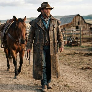 Casaco longo masculino vintage em couro marrom, estilo trench coat de cowboy ocidental feito à mão, jaqueta para montaria em rancho, casaco longo em couro legítimo.