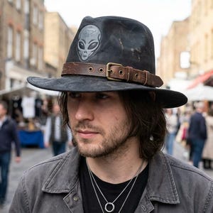 Black Faux Leather Cowboy Hat, Alien Patch Western, Wide Brim Festival, Unisex Ranch Cowgirl