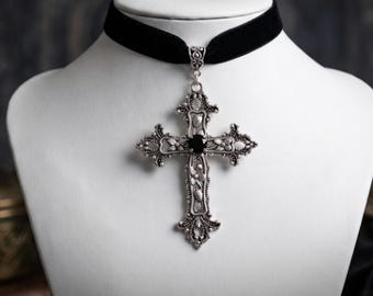 Gothic Cross Choker Necklace, Black Velvet, Victorian Pendant, Antique Silver Goth Jewelry
