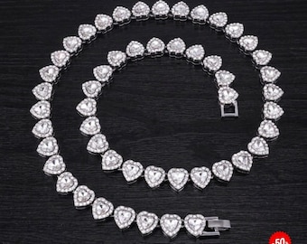 Heart Tennis Chain Necklace, CZ Crystal Choker, Gold Silver Statement Jewelry
