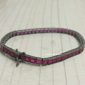 Bracelet de tennis en rubis rose de synthèse taille princesse, plaqué or blanc 14 carats et argent sterling 925 – Bijou élégant et raffiné, cadeau idéal pour femme