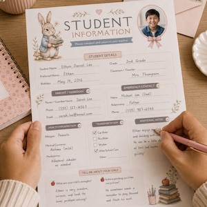 May include: A printed student information form featuring a rabbit illustration, a photo of a child, and sections for personal details, emergency contacts, health information, and transportation, with handwritten text filled in throughout the document.