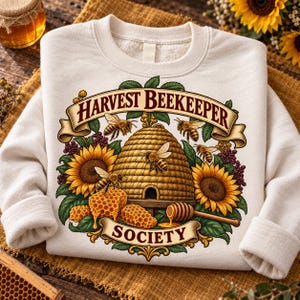 May include: A cream-colored sweatshirt featuring a graphic print of a straw beehive, honeycombs, sunflowers, and bees. The text HARVEST BEEKEEPER is arched above the hive, and the word SOCIETY is printed on a banner below, with a honey dipper.