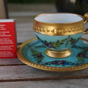 Antyczna filiżanka i spodek Hutschenreuther Selb LHS Demitasse – ręcznie malowana, sygnowana seria artystyczna – turkusowa, pozłacana 24-karatowym złotem bawarska porcelana zdjęcie 8