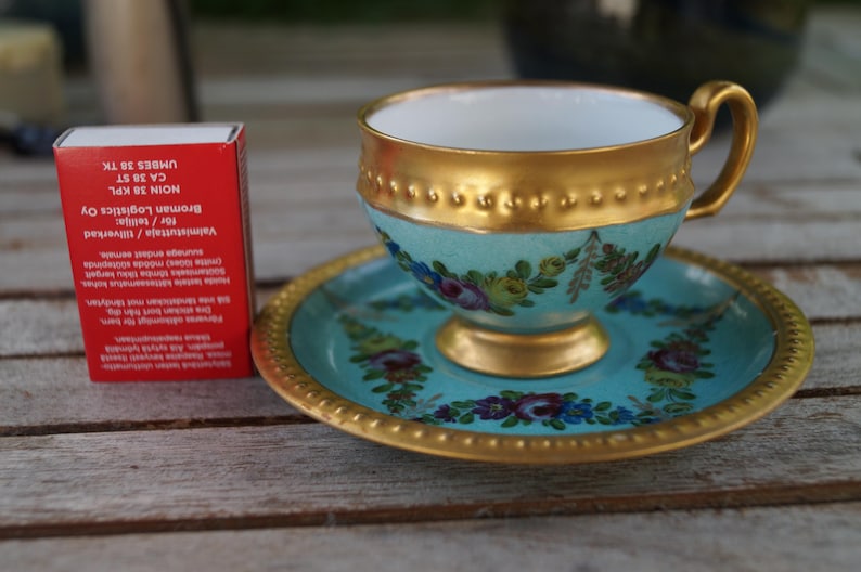 Antyczna filiżanka i spodek Hutschenreuther Selb LHS Demitasse – ręcznie malowana, sygnowana seria artystyczna – turkusowa, pozłacana 24-karatowym złotem bawarska porcelana zdjęcie 8