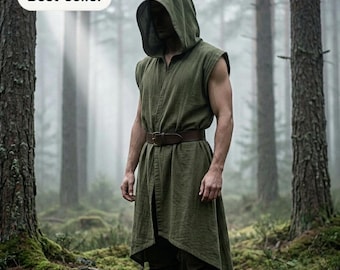 Hooded Medieval Tabard for Men – Assassin Cape Sleeveless Tunic, Viking Renaissance Surcoat, Halloween LARP Cosplay Costume