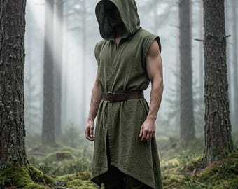 Hooded Medieval Tabard for Men – Assassin Cape Sleeveless Tunic, Viking Renaissance Surcoat, Halloween LARP Cosplay Costume