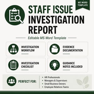 May include: An editable MS Word template for a Staff Issue Investigation Report. The document features dark green accents, icons for investigation workflow, evidence documentation, a checklist, and guidance notes, with the Little Steps Digital logo.