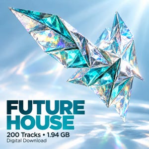 May include: A geometric, crystalline structure with iridescent teal and silver facets floating against a light blue background. The text reads FUTURE HOUSE, 200 Tracks • 1.94 GB, Digital Download. The object features sharp, angular edges reflecting light.