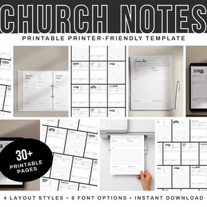May include: A collection of printable sermon note templates titled CHURCH NOTES, featuring 30+ pages in 4 layout styles and 8 font options. The black and white designs include lined sections for scripture, prayer requests, and key takeaways for church.