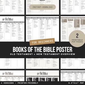 May include: A digital poster set titled Books of the Bible featuring an Old Testament and New Testament overview. The black and white charts include sections for history, poetry, and prophecy. Text includes 2 Printable PDF Pages and 8.5"x11" PDF.