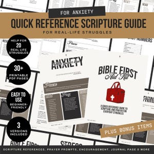 May include: A printable scripture guide titled Bible First Aid Kit for anxiety and real-life struggles. The document features black text on white pages with brown accents, including sections for pause, read, pray, and reset, plus a red medical bag icon.