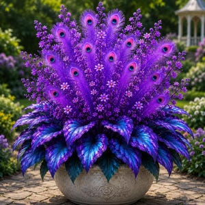 May include: A decorative arrangement in a light-colored stone bowl featuring vibrant purple peacock feathers interspersed with small purple flowers and lush, iridescent blue and purple leaves that fan out in a symmetrical, upright display.
