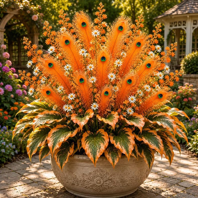 May include: A large, round, light-colored stone planter filled with a vibrant arrangement of orange peacock feathers, small white daisy flowers, and orange-tipped green hosta leaves, creating a dense, symmetrical, and colorful display.