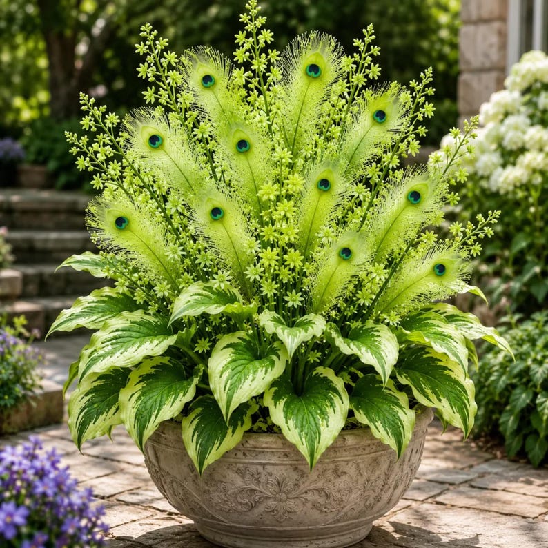 May include: A decorative arrangement in a stone-colored bowl featuring bright green, feathery peacock-style plumes with dark blue and green eye-like centers, interspersed with small yellow-green flowers and variegated green and white hosta leaves.