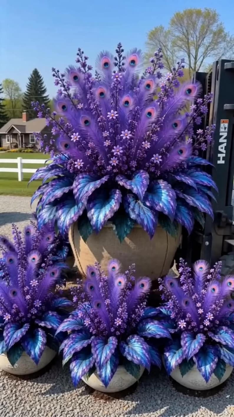 May include: A large central planter and three smaller matching planters, each filled with vibrant purple peacock feathers, small purple flowers, and broad, iridescent blue and purple leaves. The arrangements are displayed outdoors.
