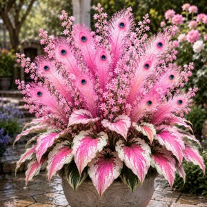 May include: A decorative arrangement featuring vibrant pink peacock feathers with distinct blue and black eyes, interspersed with small pink star-shaped flowers. The base consists of large, variegated leaves with pink and white patterns in a stone planter.