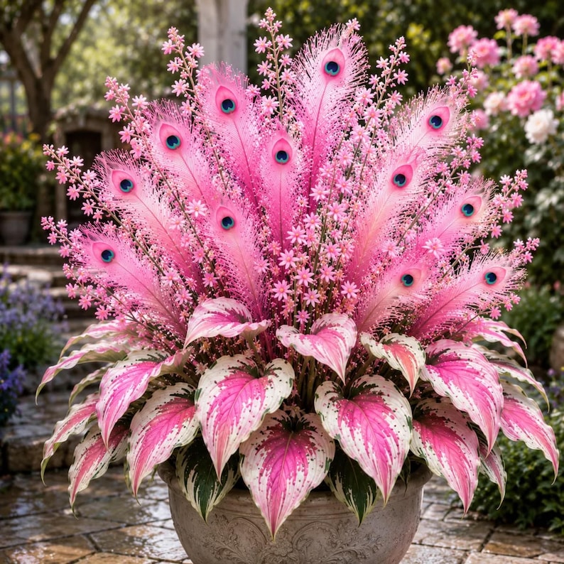 May include: A decorative arrangement featuring vibrant pink peacock feathers with distinct blue and black eyes, interspersed with small pink star-shaped flowers. The base consists of large, variegated leaves with pink and white patterns in a stone planter.