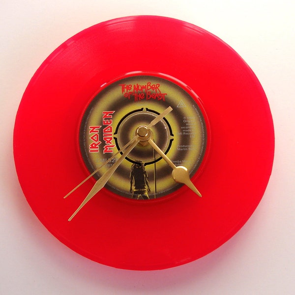 IRON MAIDEN Vinyl Record Clock. A recycled original red 7" vinyl single. "Number of The Beast" Gift  present for heavy metal fans...