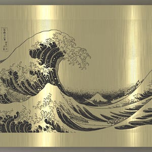 May include: A rectangular brushed gold metal wall art piece featuring a black engraved illustration of a large crashing wave, smaller waves, and a distant mountain. The design includes vertical Japanese text characters in the upper left corner.
