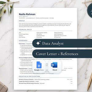 Data Analyst Resume Template Google Docs Word | ATS Friendly SQL Python CV, Cover Letter, Instant Download