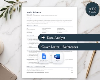 Modèle de CV d'analyste de données pour Google Docs et Word | Compatible ATS | CV, lettre de motivation et suivi des candidatures (SQL, Python)